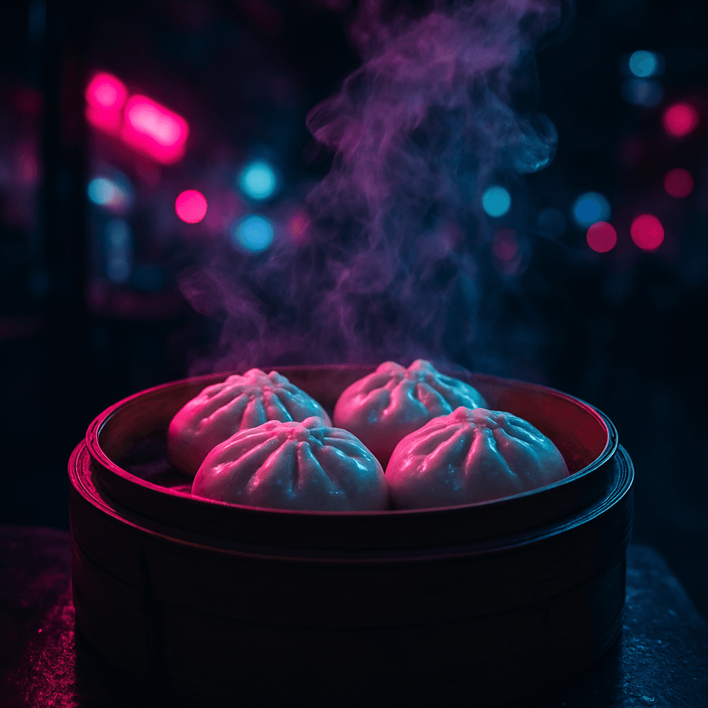 Dampfende Bao-Buns im Bambusdämpfer, beleuchtet von Neonlicht auf einem nächtlichen Streetfood-Markt