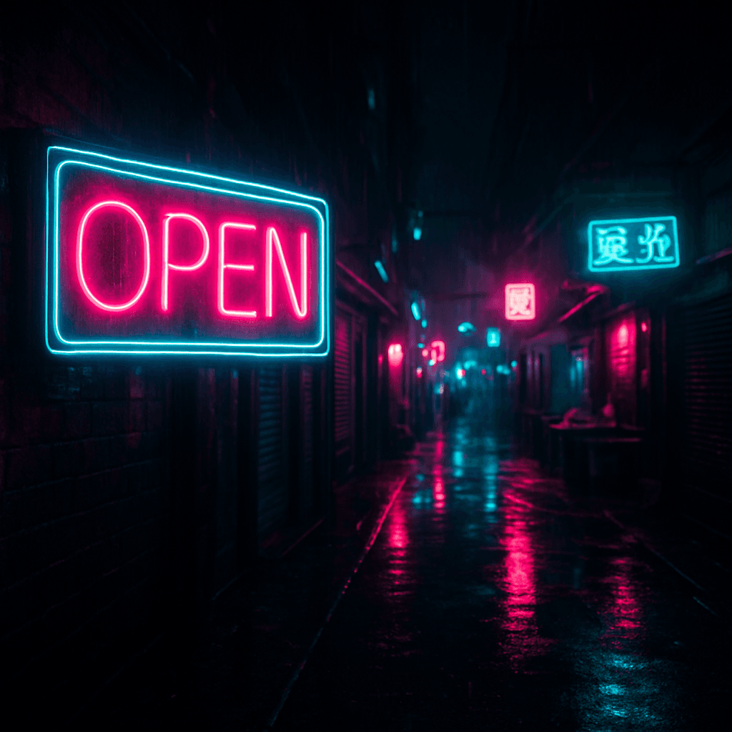 Leuchtendes Neonschild in einer dunklen Gasse