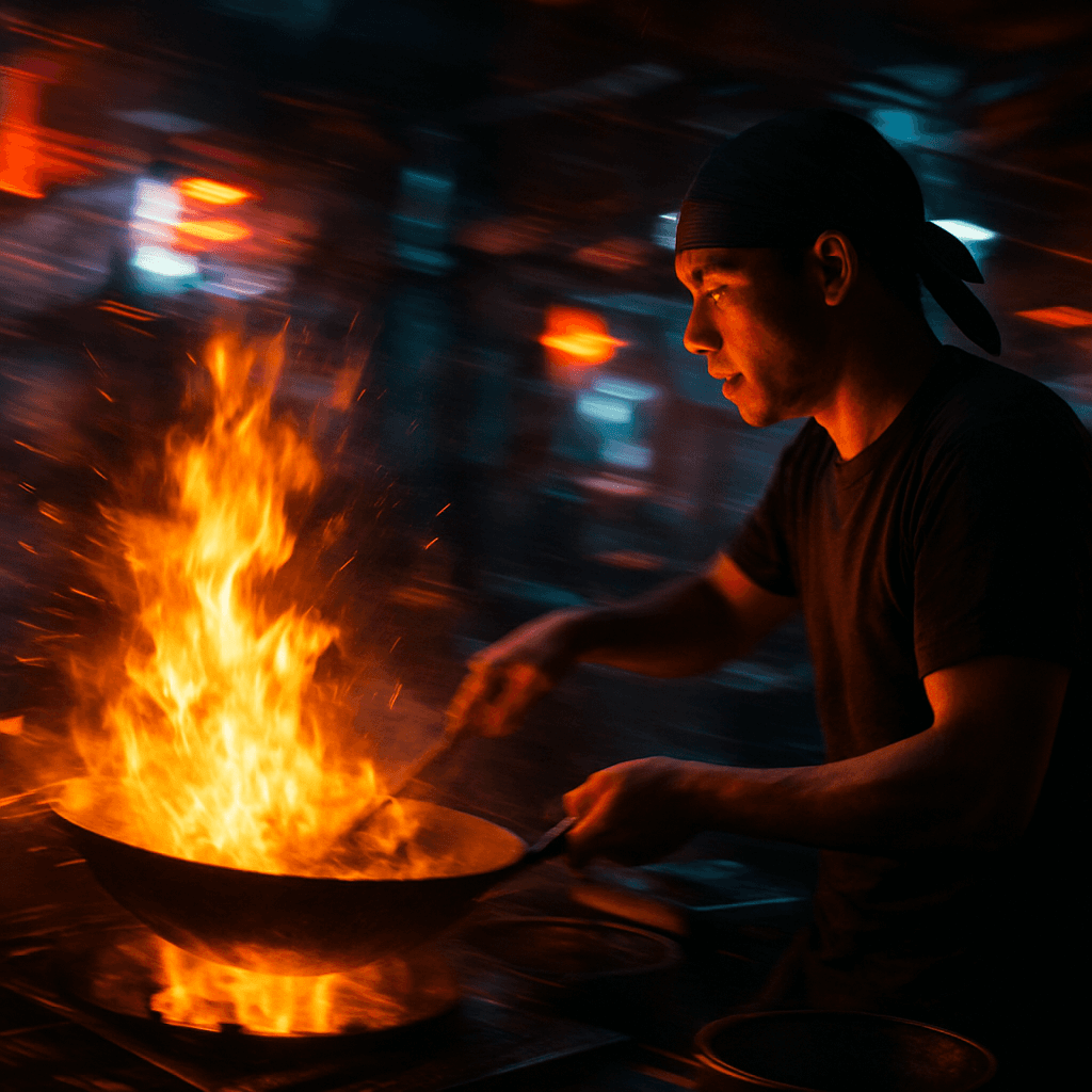 Koch mit lodernder Flamme am Wok in Bewegungsunschärfe