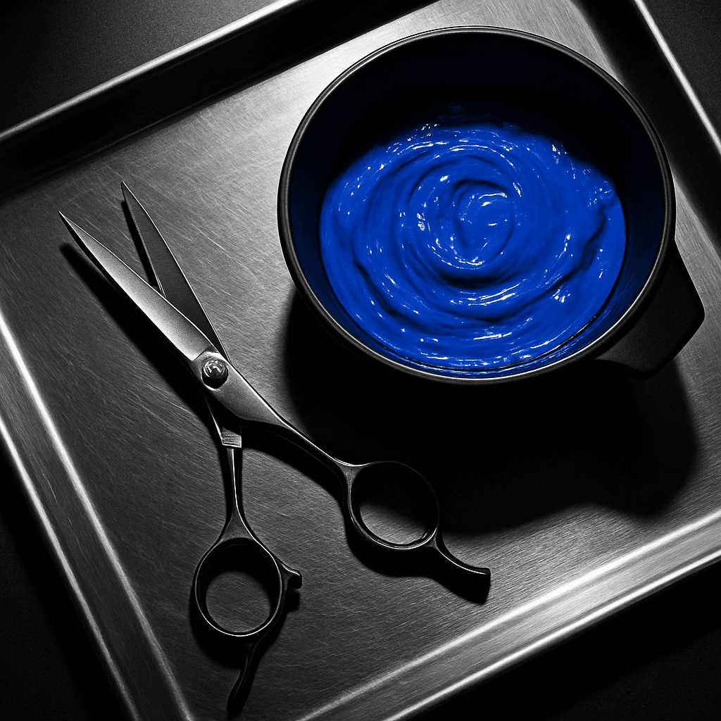 Profi-Friseurschere und Mischschale mit elektrisch-blauer Haarfarbe