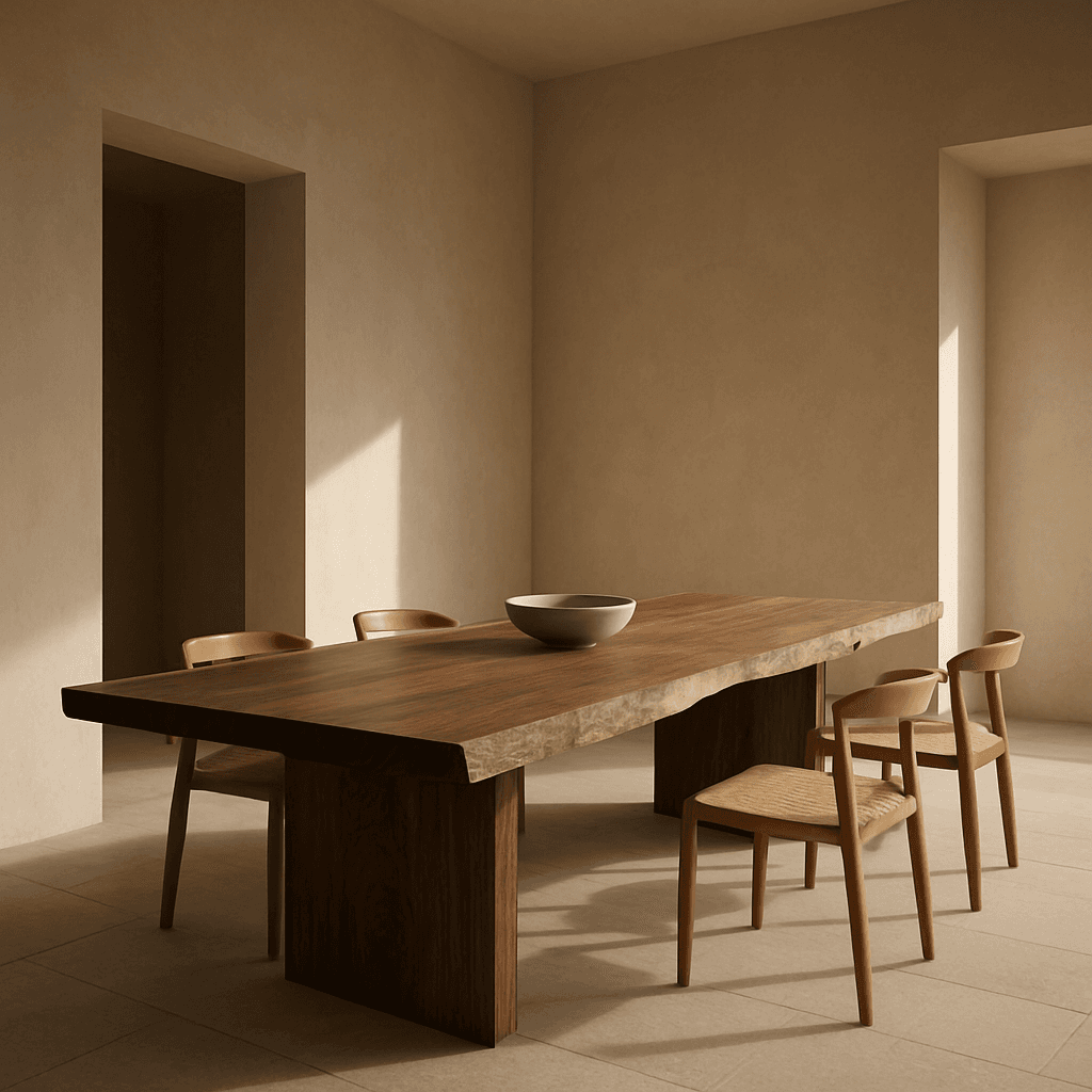 Minimalistisches Esszimmer mit massivem Esstisch aus Walnuss mit Baumkante im sanften Morgenlicht