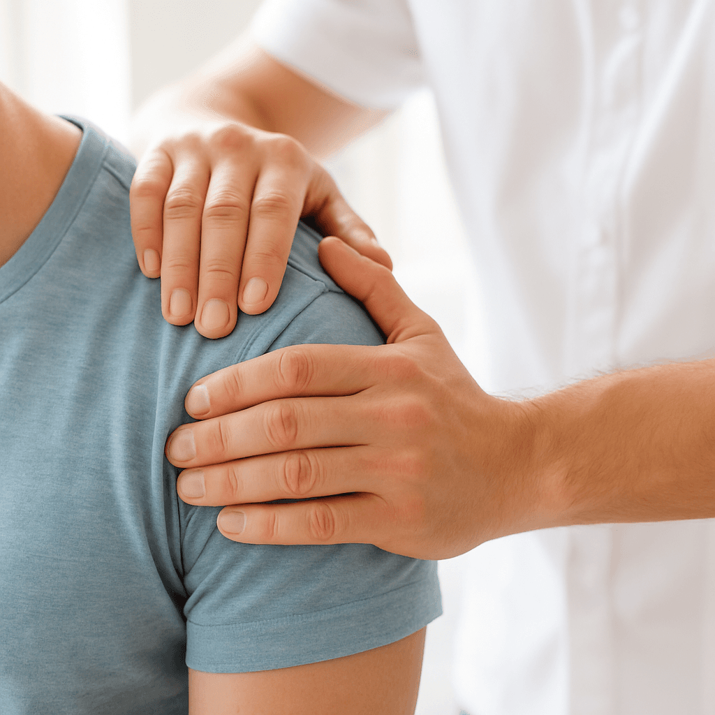 Physiotherapeut führt eine sanfte manuelle Behandlung an der Schulter eines Patienten durch